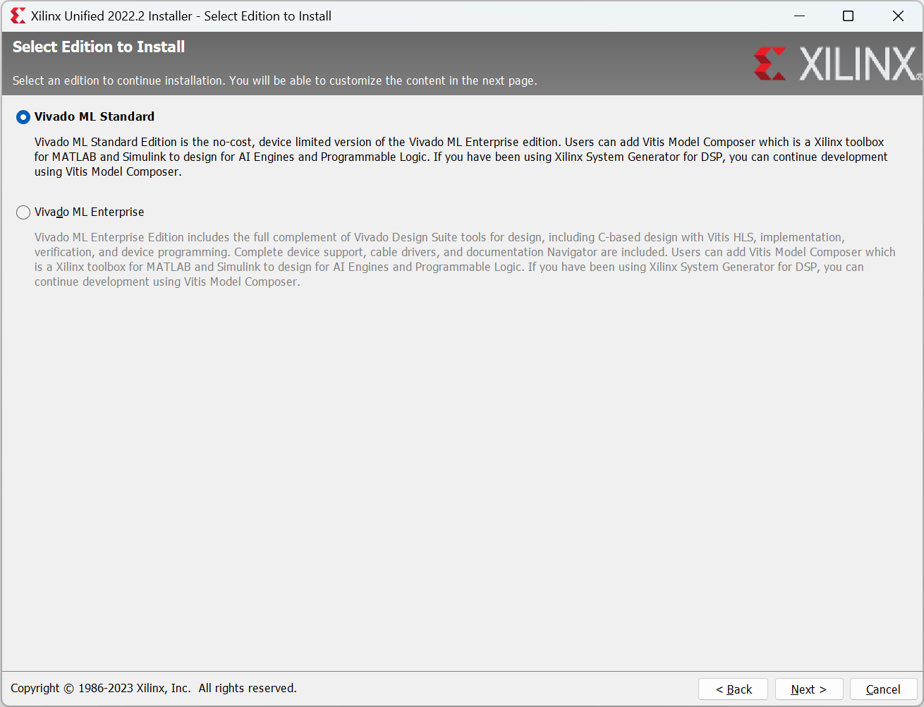 Xilinx Unified Installer "Select Edition to Install" Page Screenshot