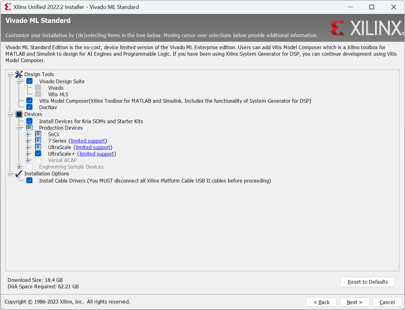 Xilinx Unified Installer "Select Installation Options" Page Screenshot