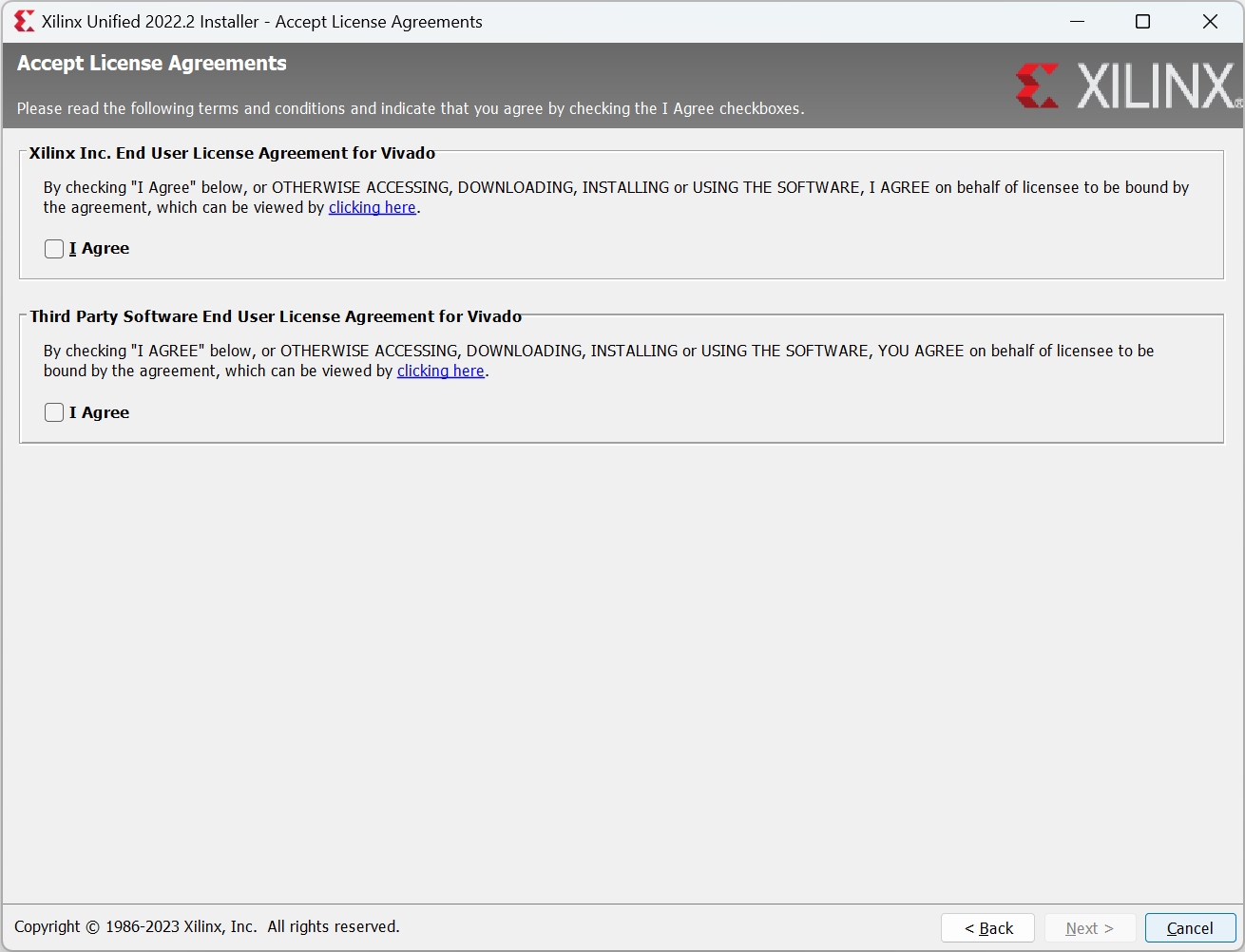 Xilinx Unified Installer "Accept License Agreements" Page Screenshot