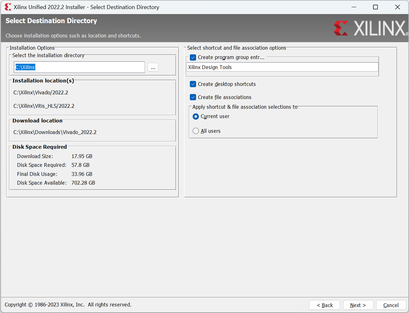 Xilinx Unified Installer "Select Destination Directory" Page Screenshot