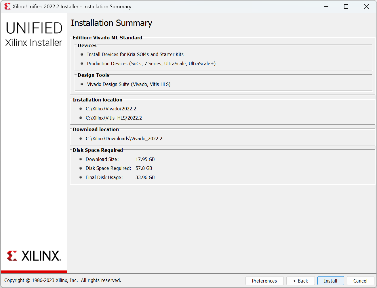 Xilinx Unified Installer "Installation Summary" Page Screenshot