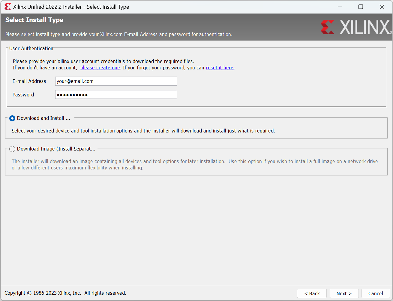 Xilinx Unified Installer "Select Install Type" Page Screenshot