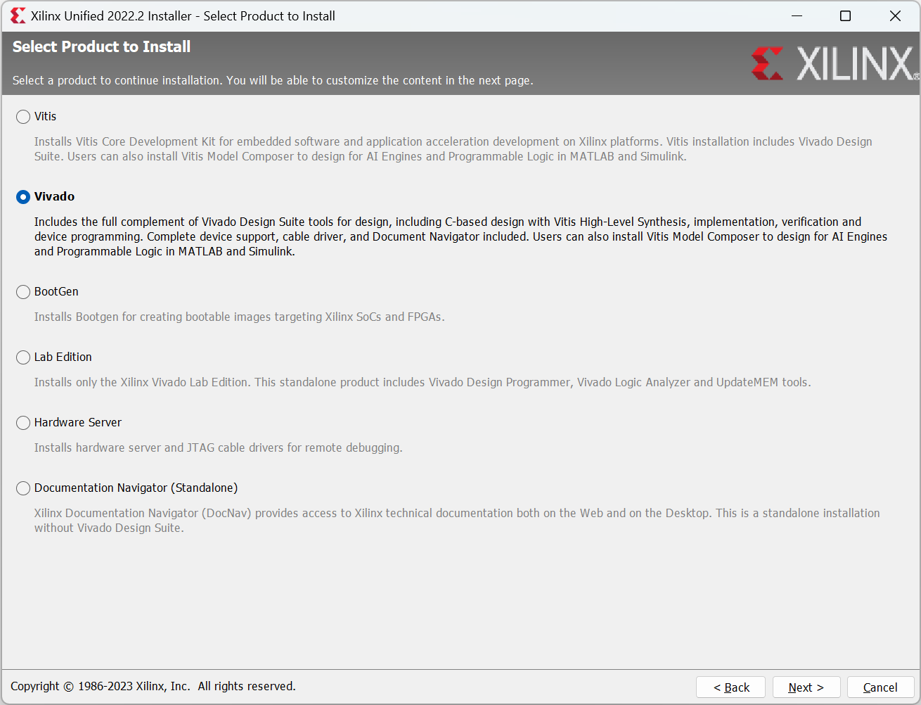 Xilinx Unified Installer "Select Product to Install" Page Screenshot